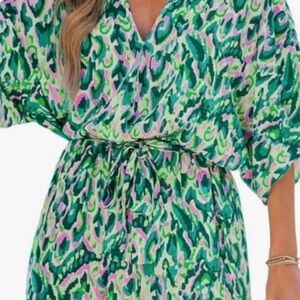Cupshe Green & Pink Printed V-Neck Swim Cover-Up with Tie Waist